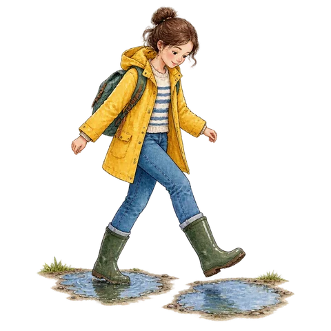 A person carefully stepping between puddles