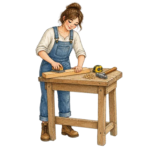 Rolled-up sleeves beside a simple workbench