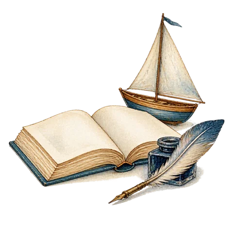 An open book, a quill and a small solitary sailboat in a thoughtful literary still life