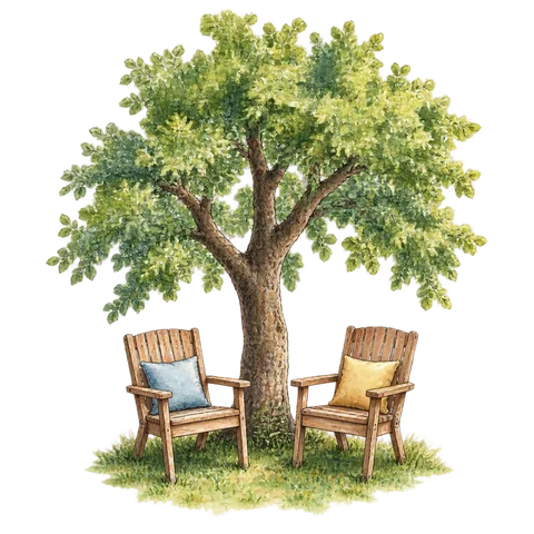 Two chairs beside a tree