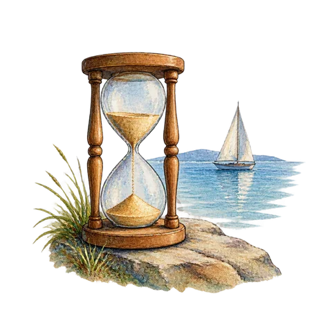 An hourglass beside a distant sail