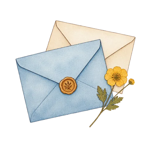Two letters beside a small pressed flower