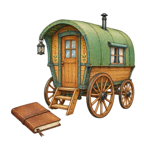 A small notebook beside a travelling carriage