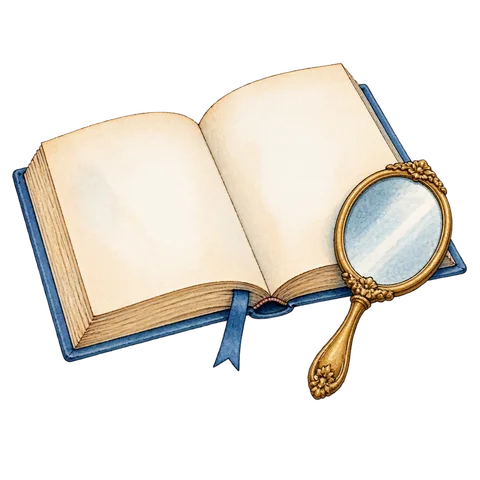 An open book and a small hand mirror