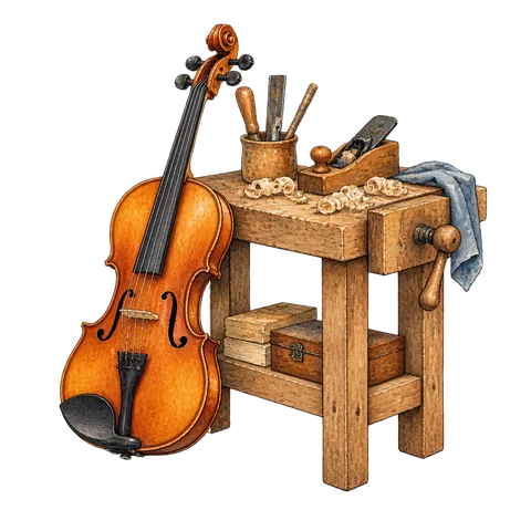 A violin beside a workbench