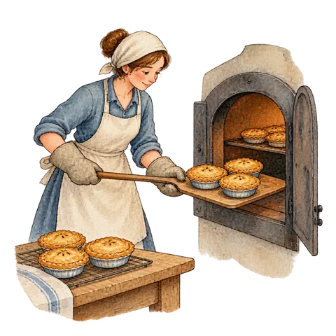 A baker taking small pies out of an oven