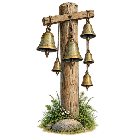 Small bells hanging around a wooden post