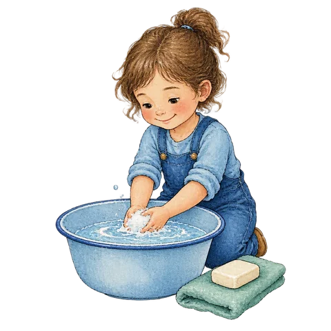 A child beside a basin and a bar of soap