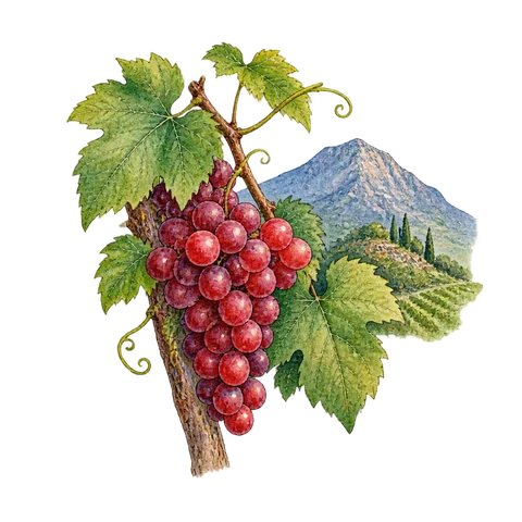 Red grapes on a vine against a small mountain