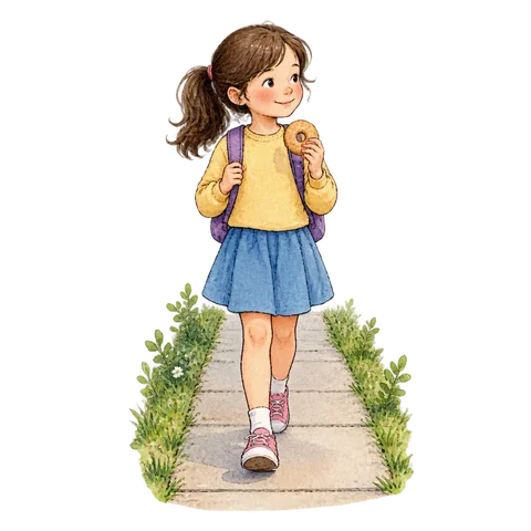 A girl walking on a safe footpath holding a ring-shaped biscuit