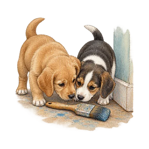 Two puppies nosing a brush in a corner