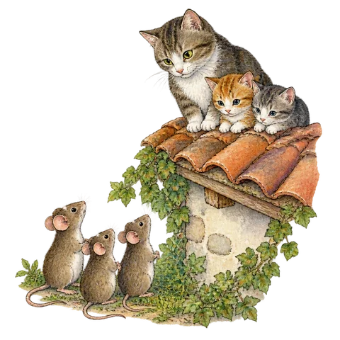 Mice looking up at a cat and kittens on a roof