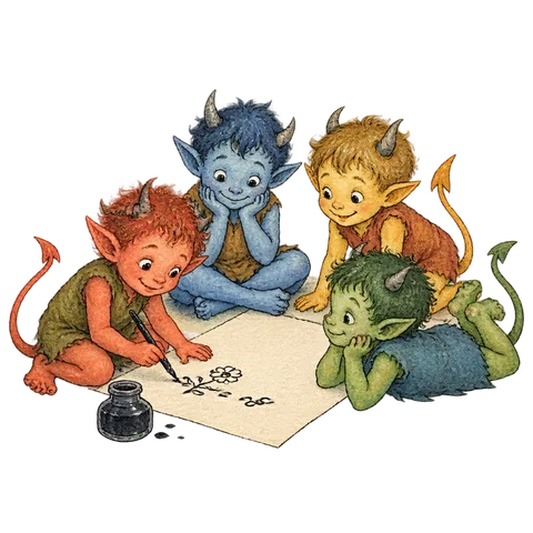 Four friendly storybook imps drawing with ink on a blank sheet