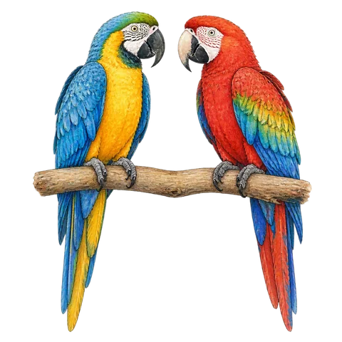 Two parrots facing each other on a perch