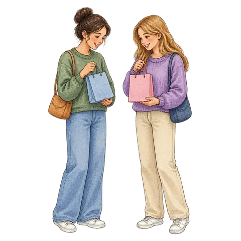Two friends comparing small shopping bags