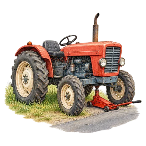 A tractor beside a roadside with a small vehicle jack