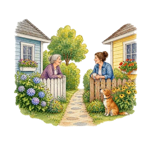 Two neighbors on opposite sides of a path