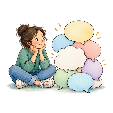 A learner facing a cheerful pile of blank speech bubbles