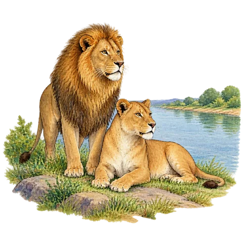 Two lions beside a broad river