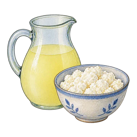 A glass jug of whey beside a bowl of curdled milk