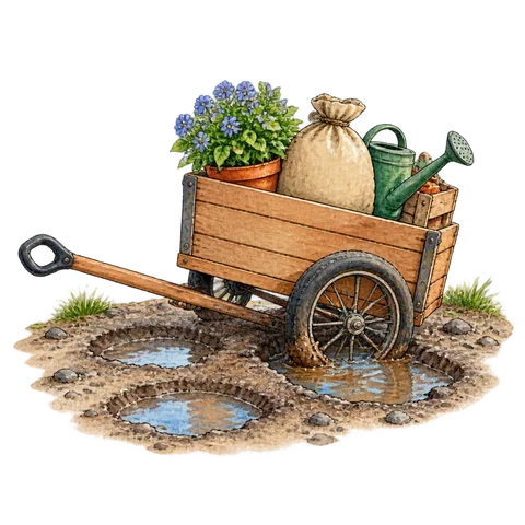 A small cart stuck among potholes