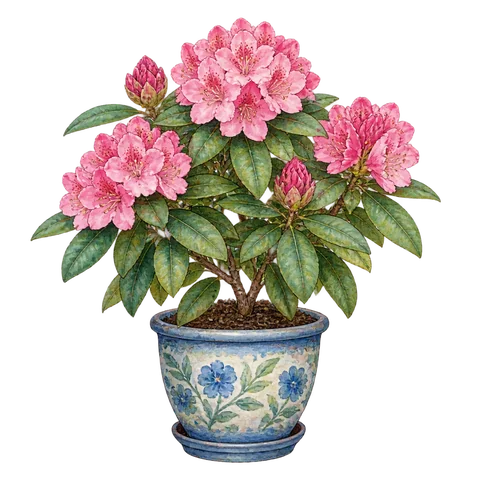 A flowering rhododendron in a garden pot