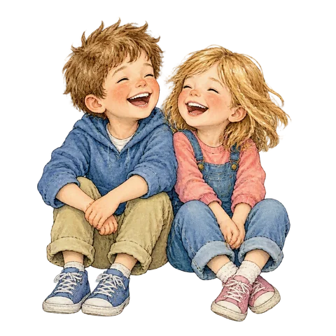 Two cheerful children with tousled hair laughing