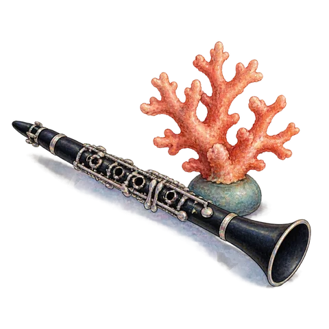 A clarinet lying beside a coral-shaped ornament