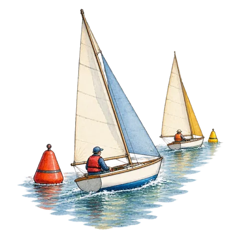Small sailing boats tacking between buoys
