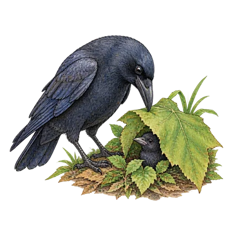 A crow searching for its chick behind a leaf
