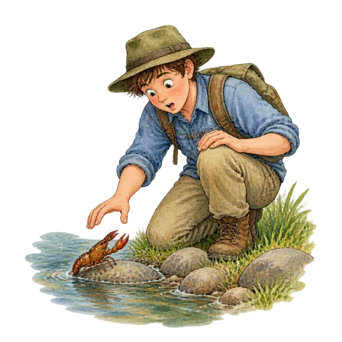 A surprised traveler with a small crayfish near his hand at a river