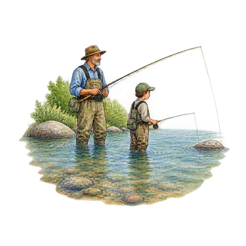 Two anglers lazily fishing in shallow water