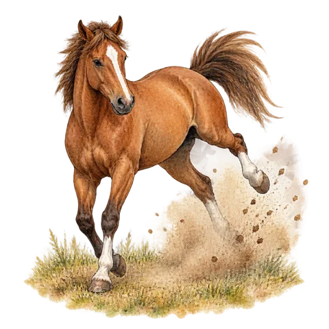 A horse kicking up dust in a field