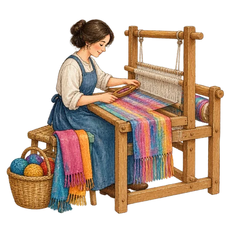 A weaver at a loom with colorful scarf fabric