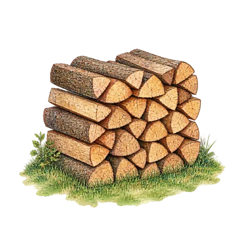Firewood neatly stacked on grass in a courtyard