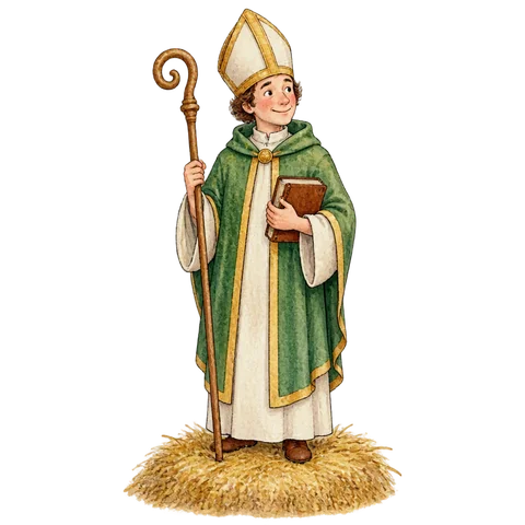 A storybook cleric standing on hay in a tall cap
