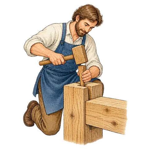 A carpenter tapping one wooden wedge