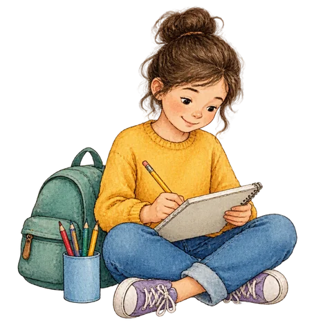 A learner with a notebook and pencils