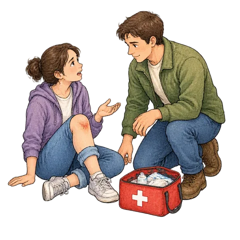 A person asking a helper for assistance beside a first-aid kit