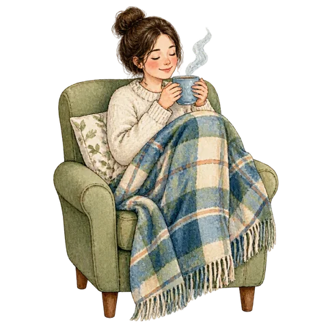 A person relaxing with a cup and a blanket