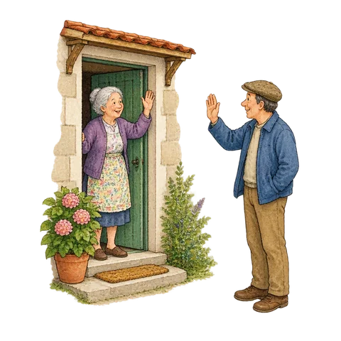 Two neighbors waving beside a small doorway