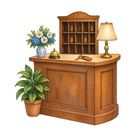 A small hotel reception desk with a key