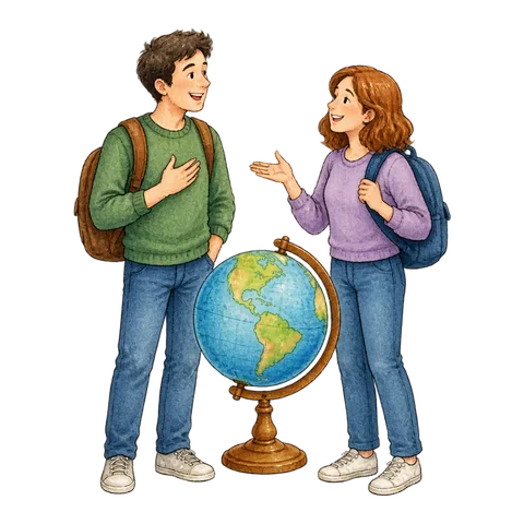 Two people introducing themselves beside a globe