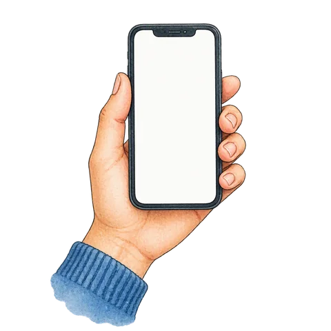 A hand holding a plain mobile phone with a blank screen