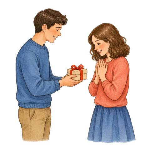 A person offering another person a small wrapped gift