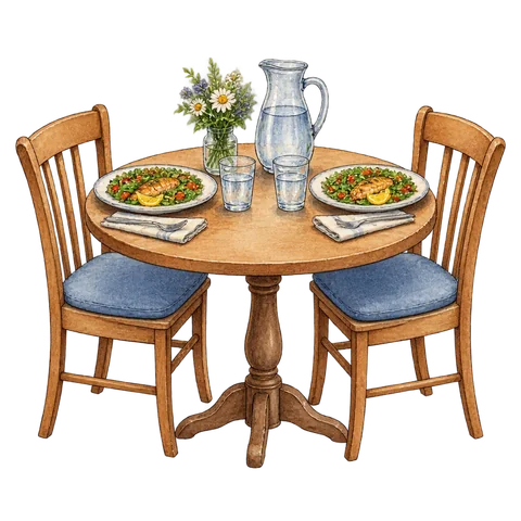 A restaurant table with two plates and a water jug