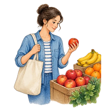 A shopper holding a plain reusable bag beside fruit
