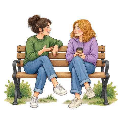 Two friends chatting on a park bench