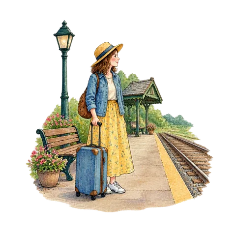 A traveler with a suitcase at a small train platform