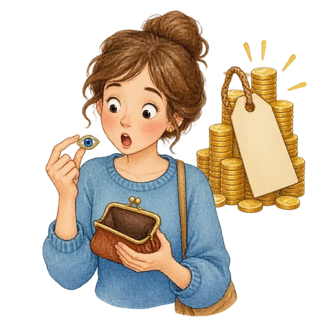 A surprised shopper holding an eye-shaped jewel beside an empty purse.